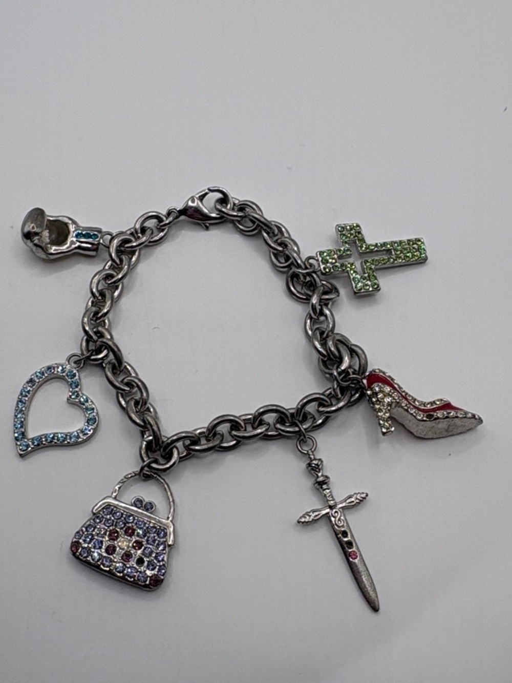 Vintage Silver-Tone Multi Charm Bracelet with Blue, Green & Red Accents 7”